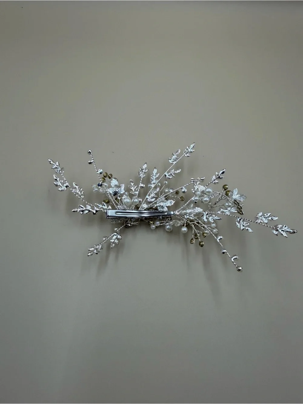 Bridal Pearl Crystal Leaf Hair Barrette Silver Wedding Clip 6”